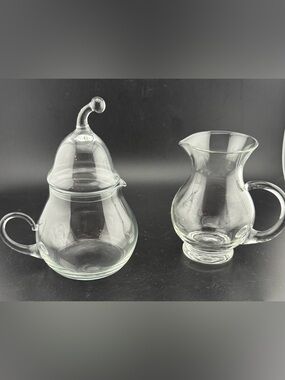 2 Creamers glass. Pear with lid & 4” pitcher